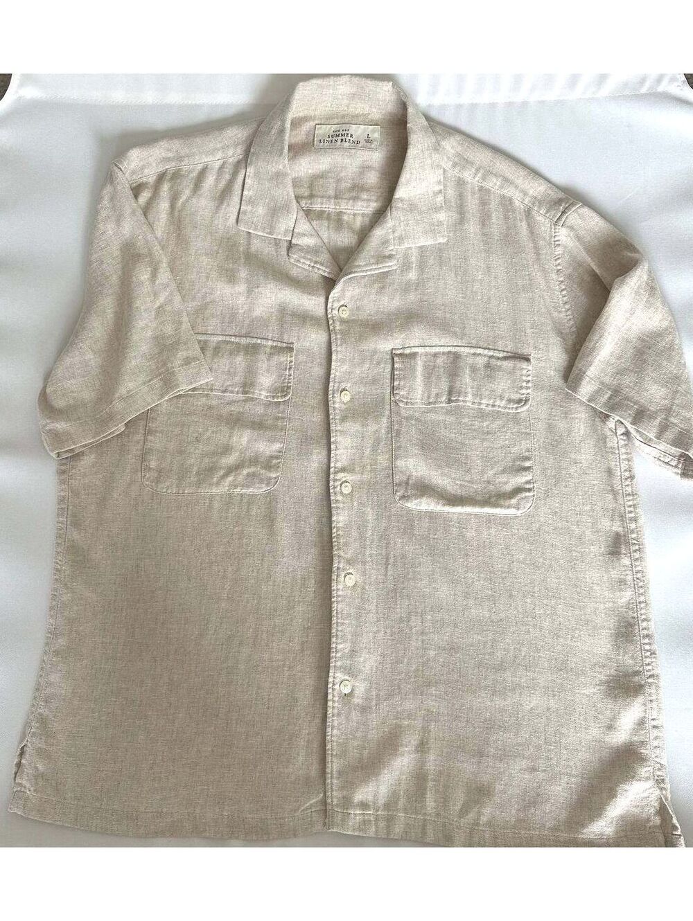 Abercrombie & Fitch Men L Summer Linen Blend Camp Shirt Beige 2 Pocket